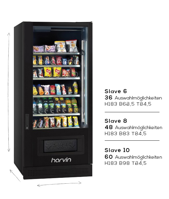 Gekühltes Slave-Modul für Harvin-Automaten mit beleuchteter Vitrine und gepanzertem Auslauf, 36/48/60 Auswahlmöglichkeiten