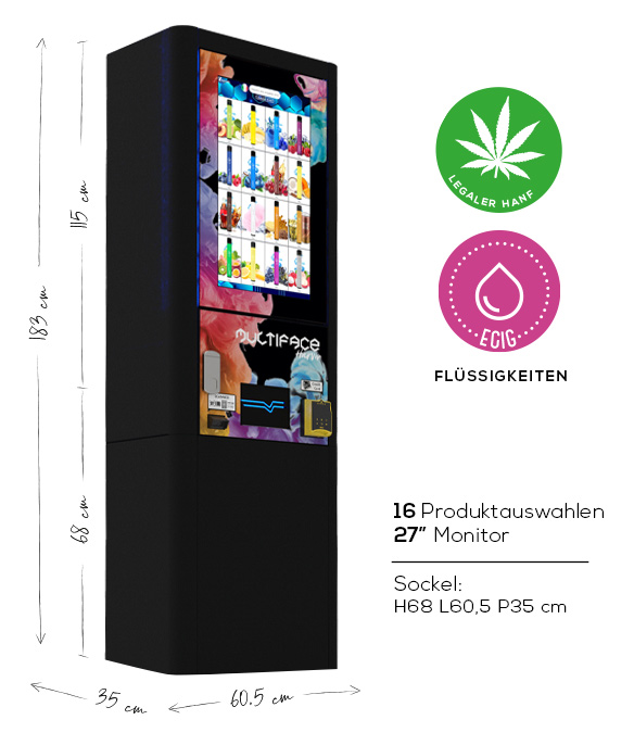Multiface-Automat mit 16 Auswahlmöglichkeiten für den Innenbereich mit 27"-Touch, Kartenzahlung, Dokumenten-/QR-Scanner und Smart Dashboard