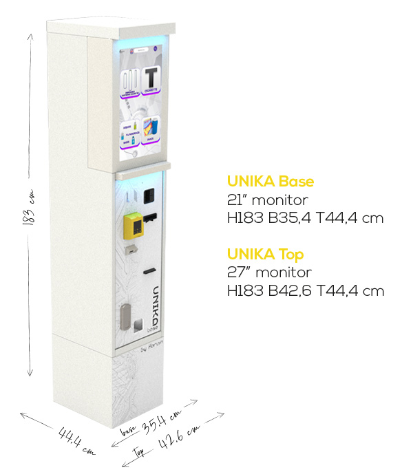 Unika automatische Kasse mit 21"/27" Touchmonitor, manipulationssicherem Block System, Dokumenten-/QR-Scanner und Smart Dashboard
